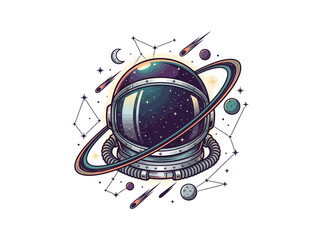 Detailed Retro Astronaut Helmet Surrounded By Colorful Planetary Rings, Orbiting Planets, Twinkling Stars, And Flying Comets In Outer Space, Vector Illustration © foom