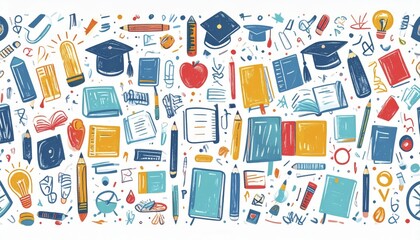Fototapeta premium Colorful doodle pattern of education elements, vibrant geometric vector illustration, AI generated