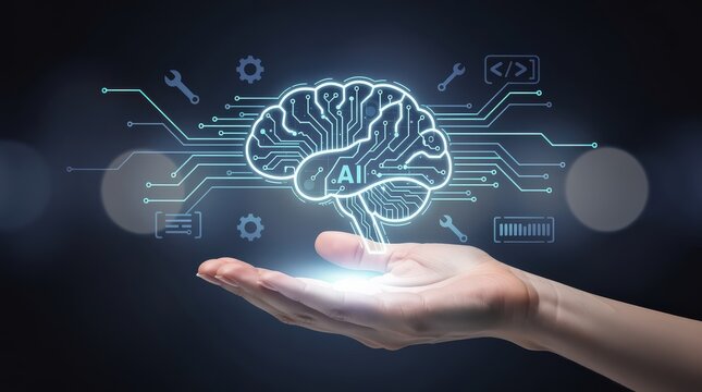 A hand holds a glowing digital brain with AI circuitry and technology icons, symbolizing artificial intelligence and advanced computing.