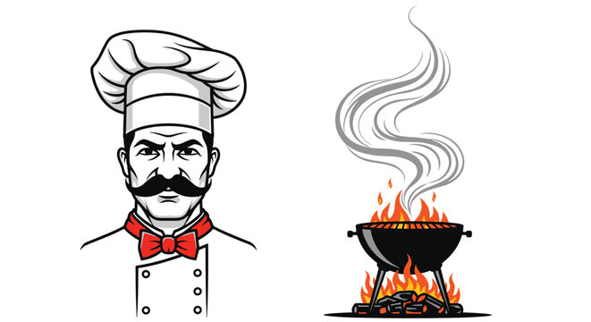 Stern chef with a large mustache stands next to a smoking charcoal grill with bright flames in a bold black and white vector illustration.