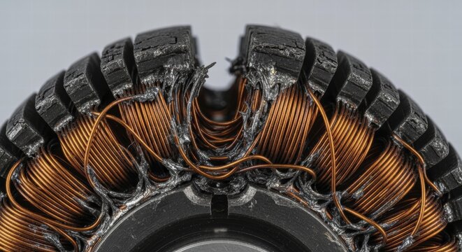 Close-up view of a failed electric motor stator showcasing melted insulation and charred copper wire coils, indicating severe overheating and malfunction, AI generated