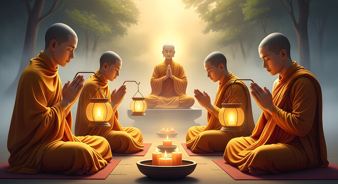 Monks in Peaceful Meditation with Glowing Lanterns and Spiritual Guidance 