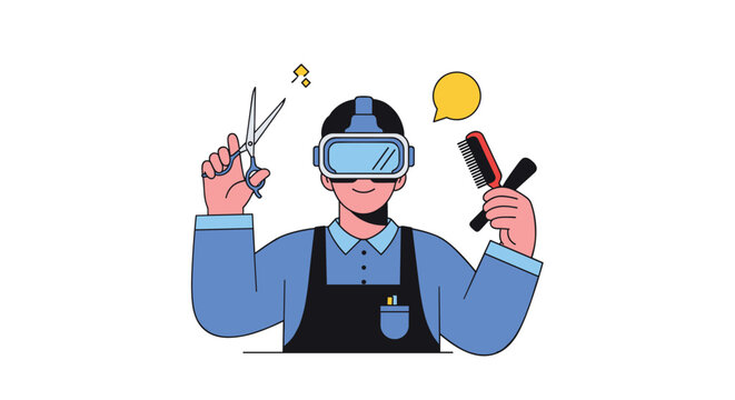 Professional barber wears a virtual reality headset while holding a comb and scissors prepared for a digital grooming experience.