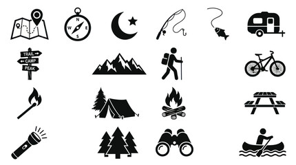 Obraz premium Travel and adventure icons featuring map and canoe symbols.