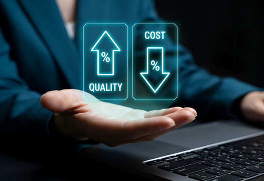 Businessperson presenting quality up and cost down concept on hand with laptop