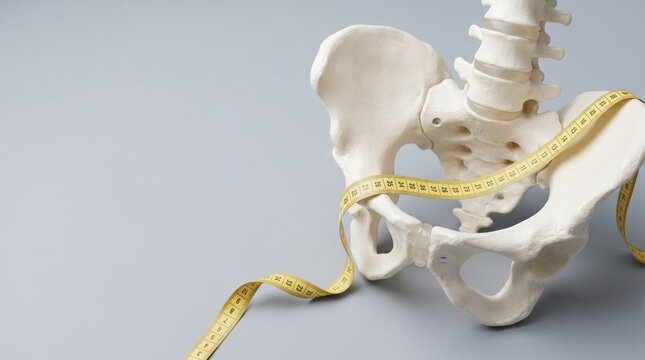 Human Pelvis Bone Model with Measuring Tape on Gray Background.