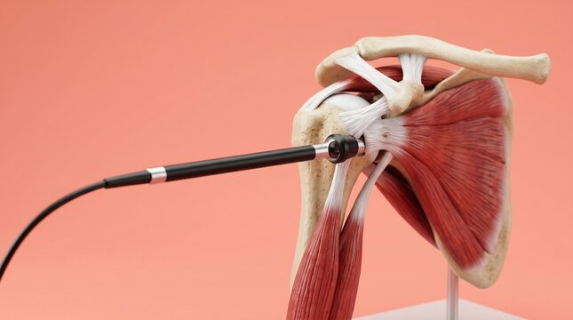 Medical illustration of shoulder joint with arthroscopic instrument for surgical procedure.