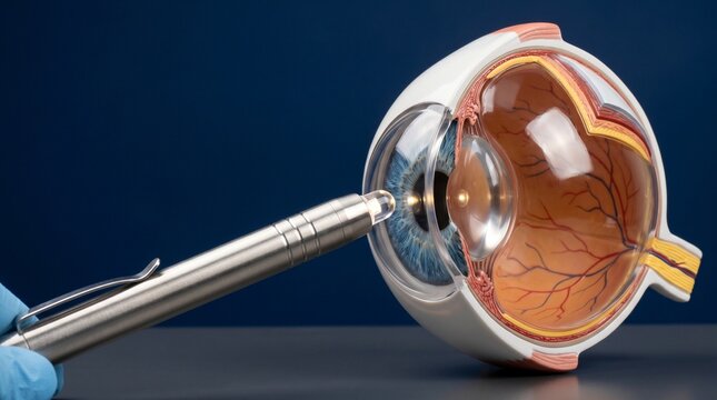 Ophthalmologist examining human eye model with a penlight for medical diagnosis.