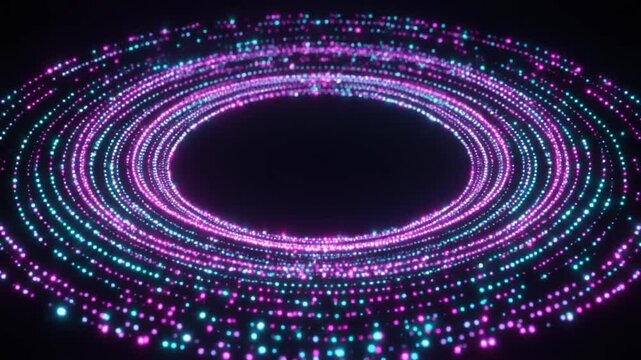 Digital particles animation swirls rings of pink light. Shimmering digital particles animation loops blue energy vector trails. Creative digital particles animation glows on black voids.