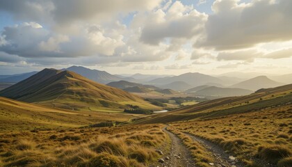 Fototapeta premium Scenic landscape featuring rolling hills and mountains under a dramatic sky, with a winding path leading into the distance, AI generated