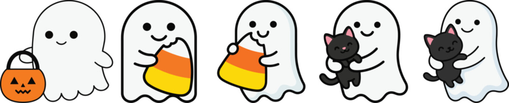Halloween ghost collection with candy corn and black cat for festive stickers