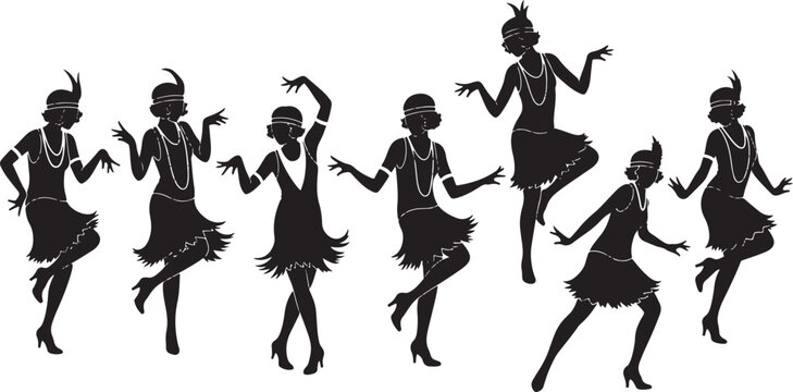 Roaring 20s flapper dancers silhouettes editable vector illustration.