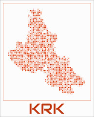 Obraz premium Krk digital style map. Small square dots on white background. Dotted shape of the island. Krk map and title. Elegant vector illustration.