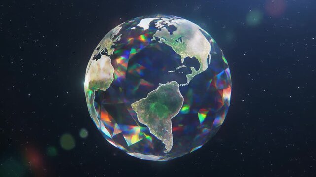 Planet gemstone animation carves Earth into faceted diamonds. Luxury planet gemstone animation flashes bright lens flares. Cosmic planet gemstone animation spins universe crystals.