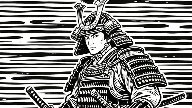 A samurai warrior with two swords in traditional armor on a black and white background, line art illustration, AI generated