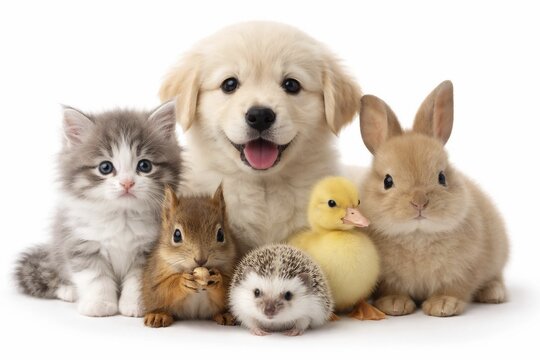 Friendly young animals in an exciting and harmonious grouping against a neutral background, cute baby animals, cat, dog, hare, squirrel, hedgehog and duck group picture, AI generated