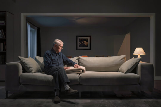 Elderly Man Sitting Alone on Large Sofa in Dimly Lit Living Room with Glowing Table Lamp, Senior Male at Home