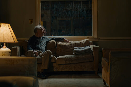Elderly Man Sitting Alone on Large Sofa in Dimly Lit Living Room with Glowing Table Lamp, Senior Male at Home