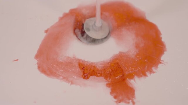 The image shows water being turned on to clean a small amount of bloodstains from a sink.
This symbolizes injury, discomfort, a nosebleed, or an accident.
