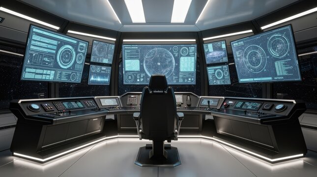 A futuristic spaceship control room with multiple digital screens displaying star maps and data, centered around a sleek pilot's chair.