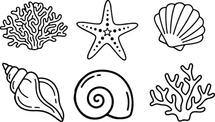 A collection of six distinct marine life illustrations featuring detailed coral reefs, a classic starfish, and various spiraled seashells rendered in a clean minimalist style. © RAC.Design-Magic