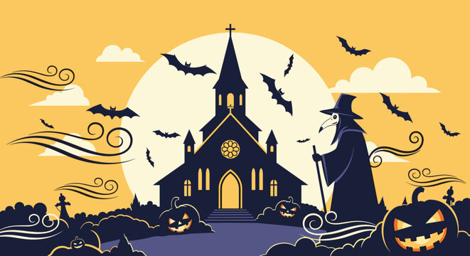 Spooky Halloween scene featuring a plague doctor walking past a church under a full moon surrounded by pumpkins and bats.