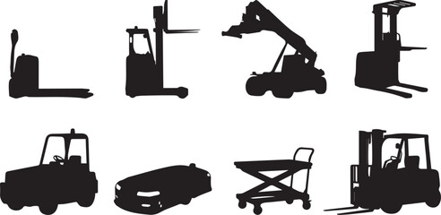 Material Handling Equipment and Warehouse Forklift Black Silhouette Vector Icon Set Collection © MstJahanara