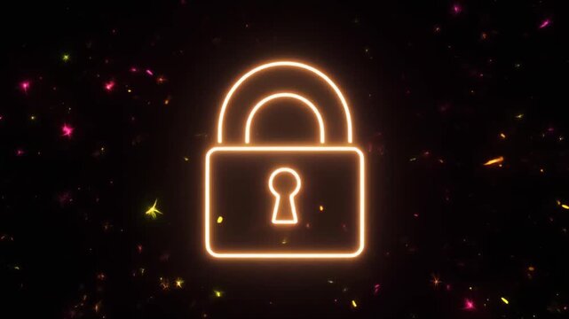Security protection animation pops pink neon padlock signs. Festive security protection animation bursts party confetti. Creative security protection animation alerts login status.