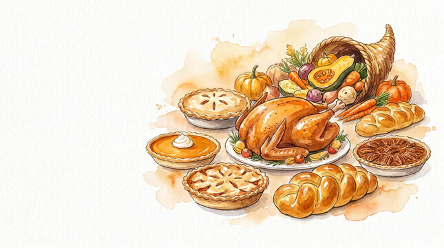 Thanksgiving feast watercolor illustration, turkey pies cornucopia banner