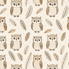 Fototapeta premium Seamless pattern with cute brown owls and feathers on a light background