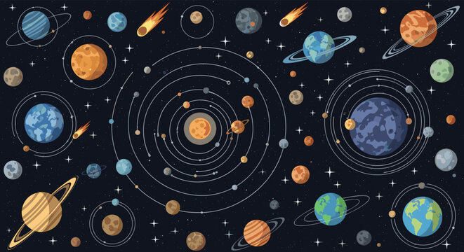 Educational flat illustration of the solar system showing planets in their orbits with asteroids and comets in a vast starry space.