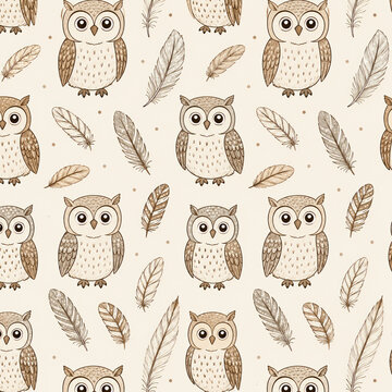 Seamless pattern with cute brown owls and feathers on a light background