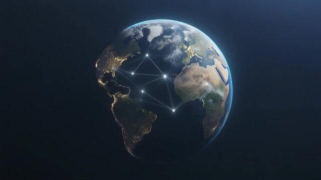 Planet globe animation wires digital network connections. Global planet globe animation circles north Atlantic ocean maps. Cosmic planet globe animation updates database data.