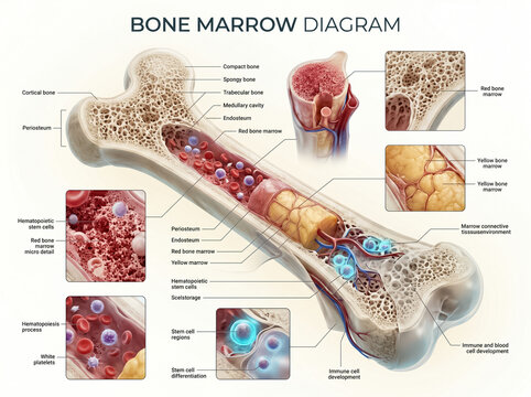 Detailed anatomical diagram of human bone marrow showing internal structure with red and yellow marrow cells in a medical illustration
