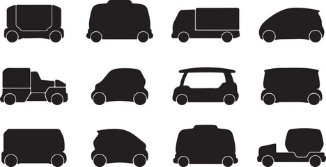 Autonomous Delivery Vehicle and Urban Cargo Van Black Silhouette Vector Icon Set © MstJahanara