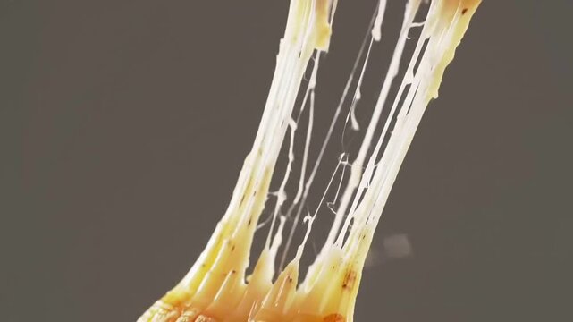 Static Shot Of A Golden-Brown Mozzarella Stick Being Pulled Apart Against A Plain Background Showcasing Stringy Melted Cheese