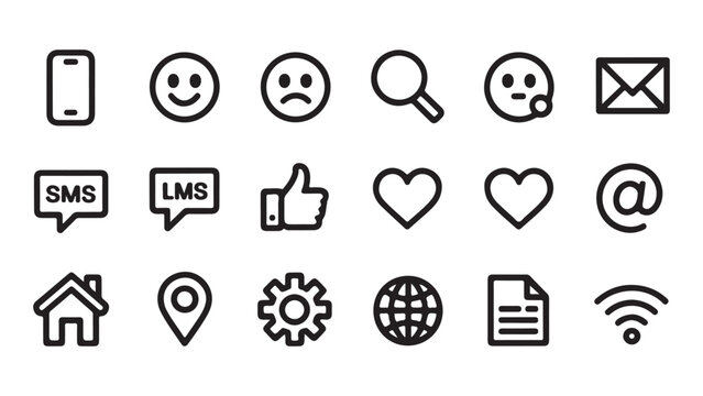outline icons for communication, social networking, and digital services, featuring phone, emotions, search, mail, LMS, like,