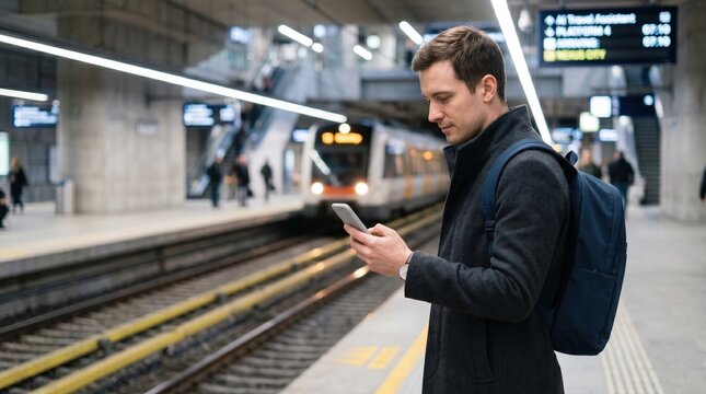 Commuter using phone travel assistant on station platform for transit planning