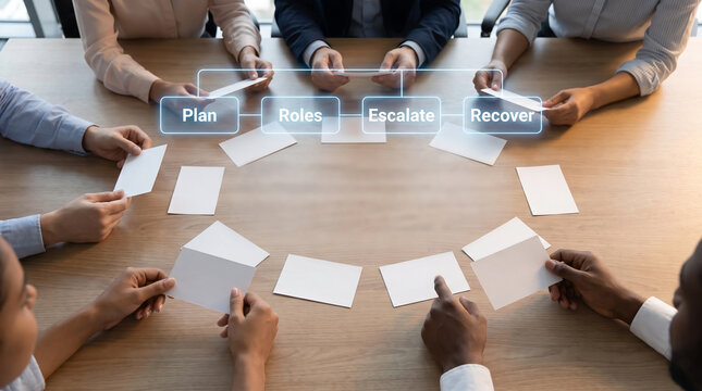 Business team working together around a wooden table with infographic elements for plan, roles, escalate and recover process concept with copy space