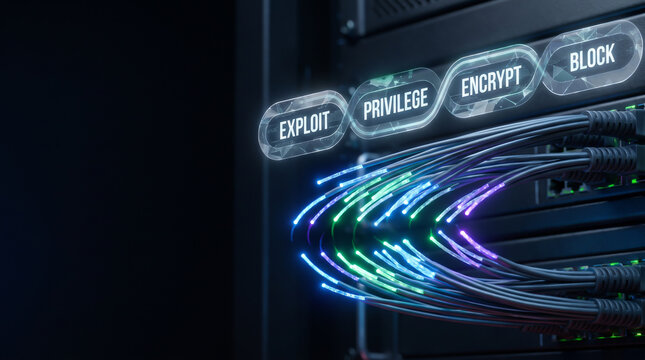 Cybersecurity concept visualization with glowing digital interface elements exploit privilege encrypt block over server rack cables with copy space