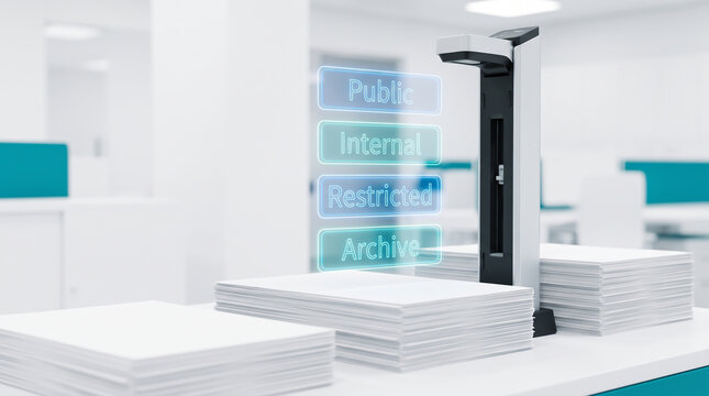Digital data security concept with holographic interface showing public, internal, restricted, and archive access levels over stacks of paper documents in a modern office