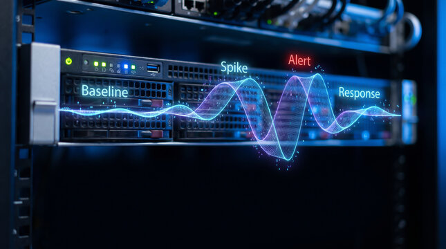 Digital data visualization of network traffic fluctuations on server hardware with baseline, spike, alert, and response concept with copy space