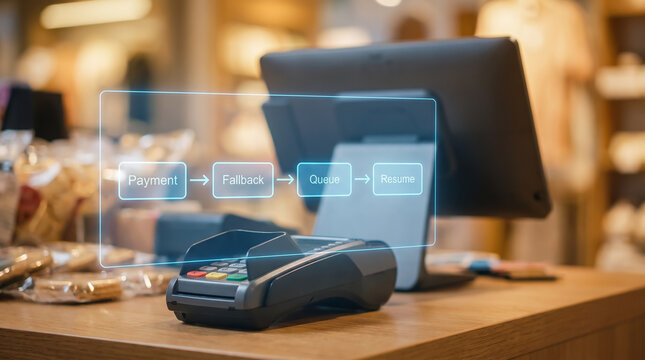 Digital payment processing workflow visualization with infographic interface overlay on a credit card terminal at a retail store checkout counter