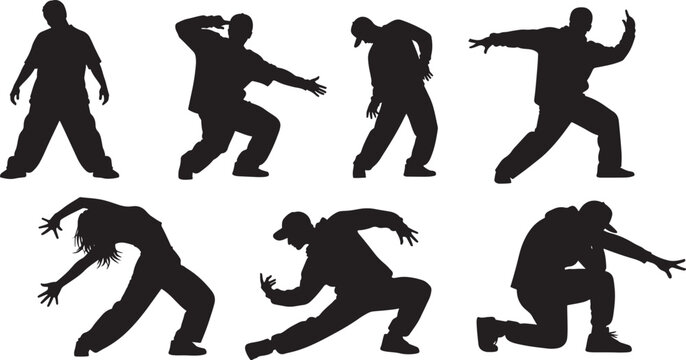 Urban street dancers performing hip hop moves editable vector silhouette illustration design shape.