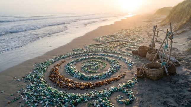 Beach Art Installation: A mesmerizing spiral art installation made of sea glass and driftwood adorns a sandy beach at sunrise, with gentle waves lapping the shore.