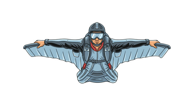 Dynamic top view illustration of a wingsuit flyer gliding through the air, wearing professional skydiving gear and protective flight helmet.