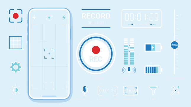 Modern Camera Recording Interface Outline Icon Set Featuring Mobile Viewfinder REC Controls Audio Battery and Editable Stroke Vector Illustration