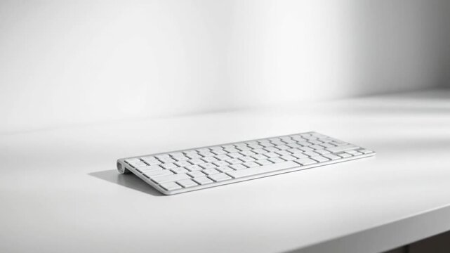 Minimalist White Wireless Keyboard on Clean Desk Surface.