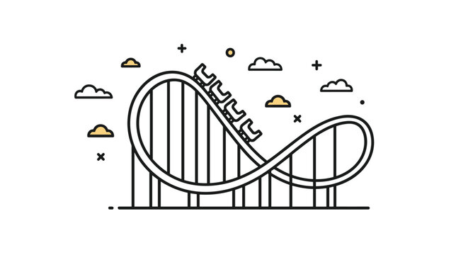Simple line art illustration of a roller coaster loop with a train ascending the track, set against a sky with soft clouds and small stars.