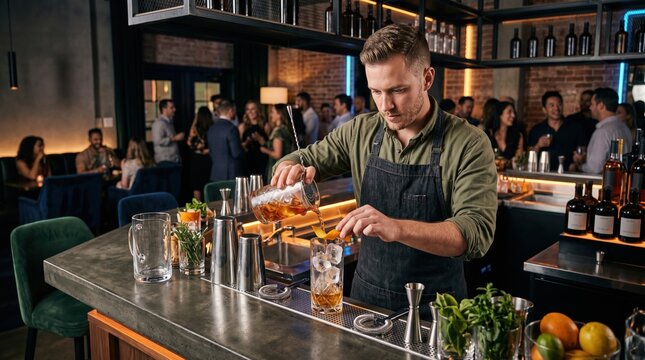 Bartender preparing maximalist cocktails in busy hybrid bar service scene